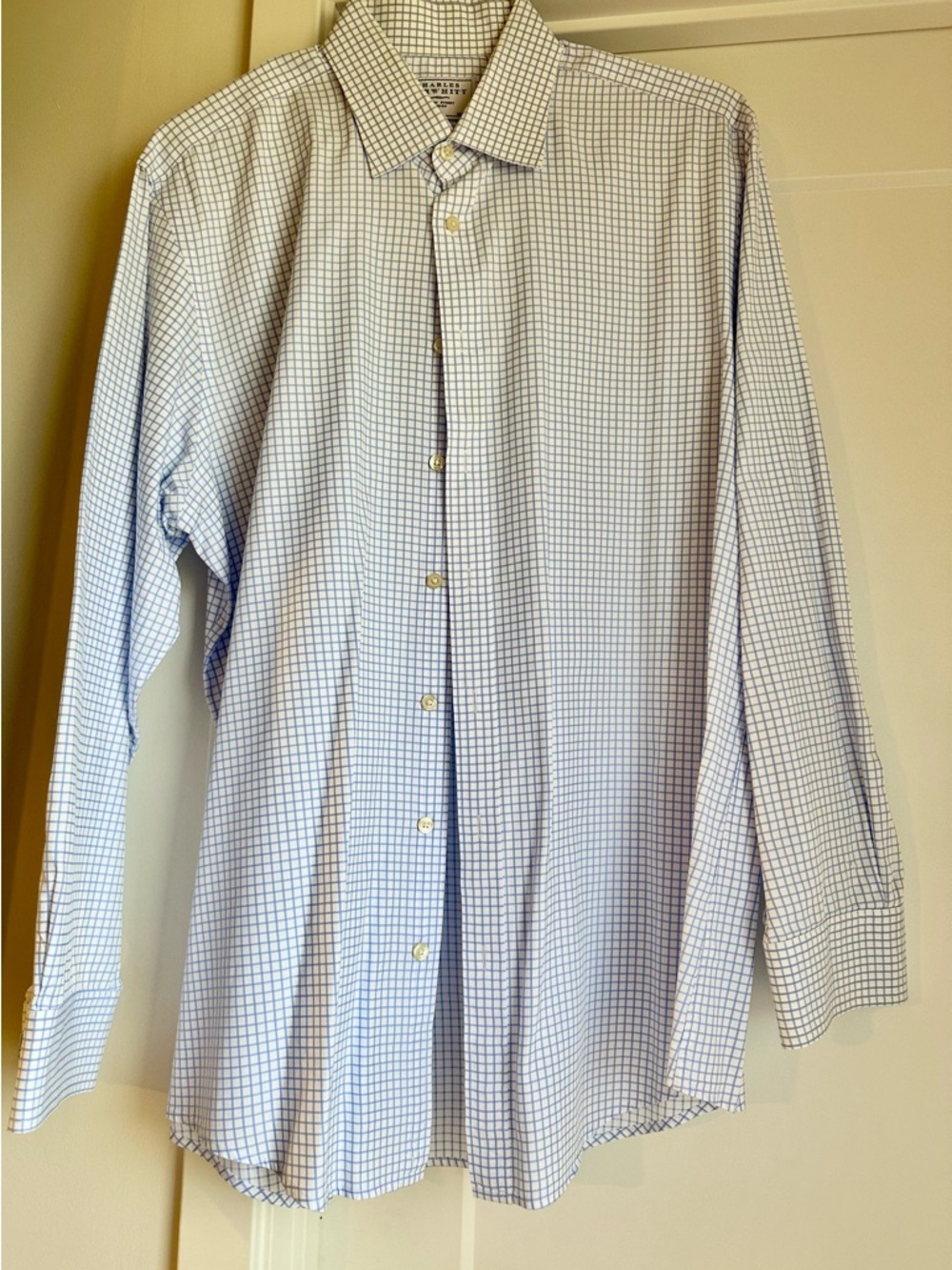 Charles Tyrwhitt Men's White Shirt with Blue Windowpane Check